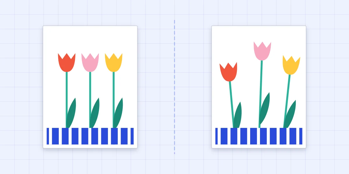 Tulips arranged at equal heights beside tulips at staggered heights that look more natural