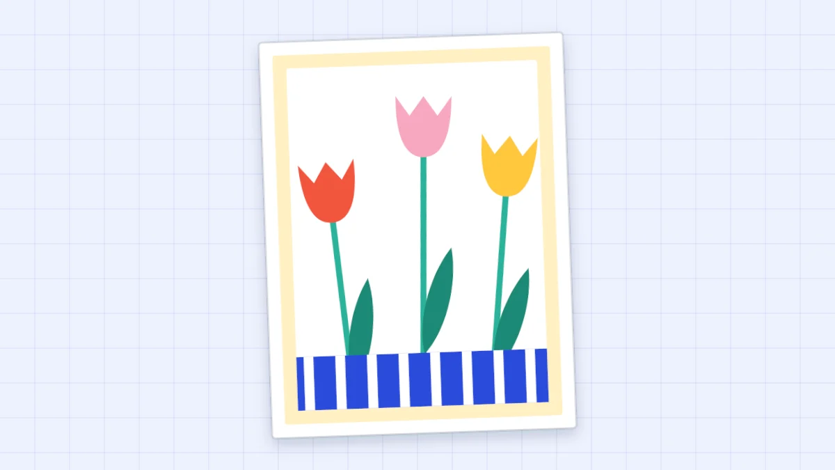 A handmade spring card with three paper tulips in red, pink and yellow rising from a striped band