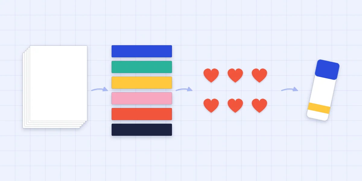 Card-making pieces sorted into groups for batch assembly: card bases, colored bands, paper hearts and glue
