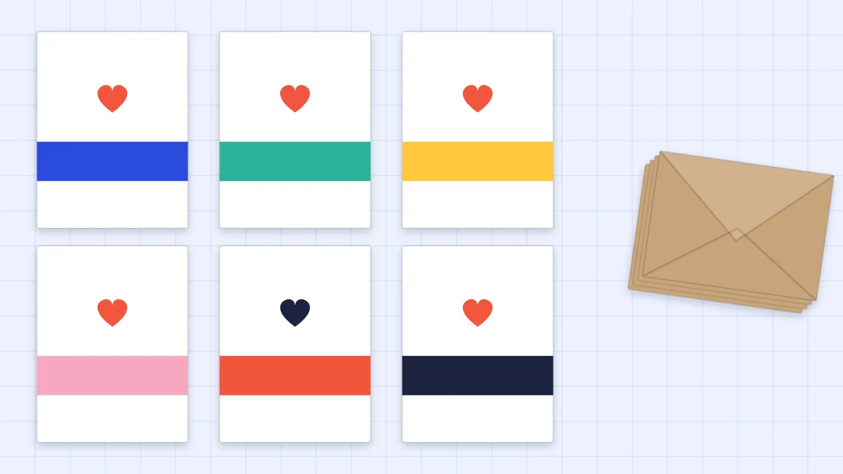 Six matching thank-you cards in two rows, each with the same layout in a different color, beside a stack of envelopes